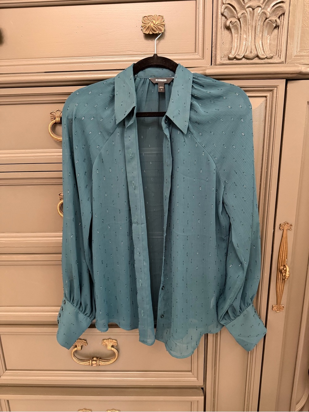 Express Teal Button-Front Blouse with Subtle shimmer Dot Texture